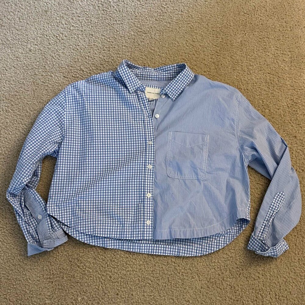 Blue Mixed Print Cropped Button-Down Shirt